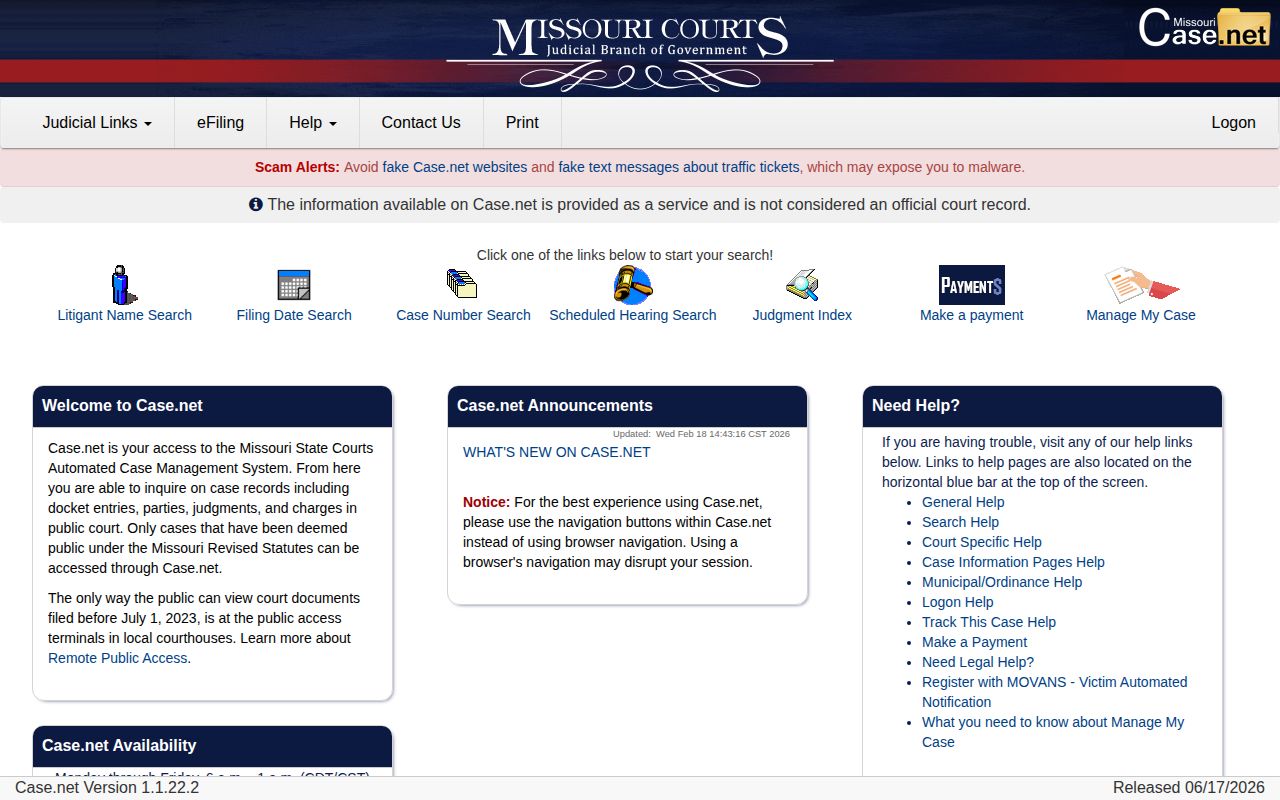 Missouri Case.net search for a McDonald County release order or disposition