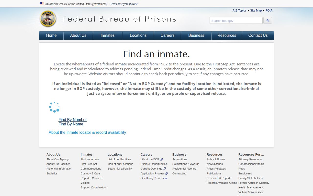 Federal BOP inmate locator release search and result fields