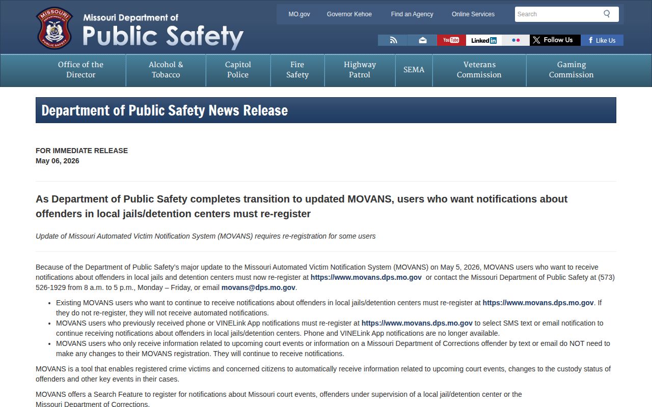 McDonald County VINELink inmate check MOVANS transition notice