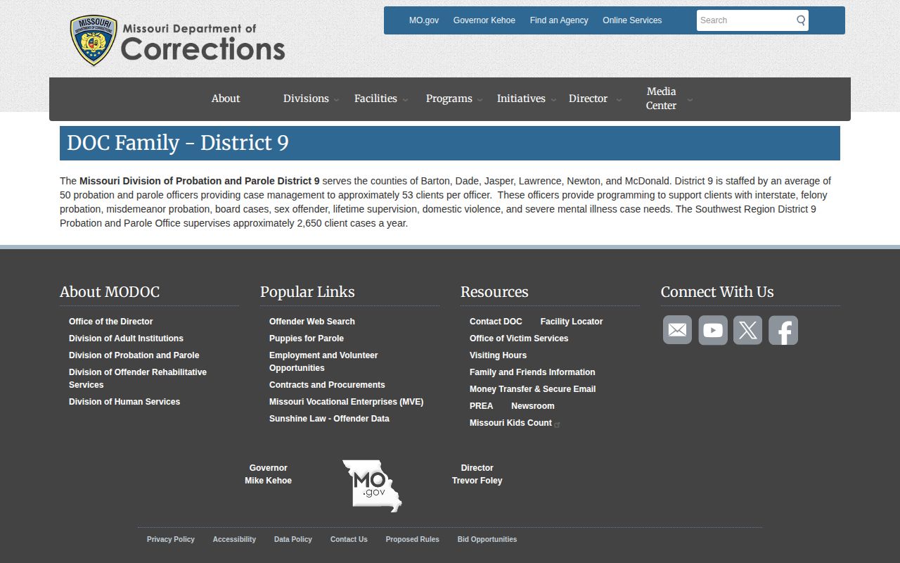 McDonald County parole and probation District 9 office page